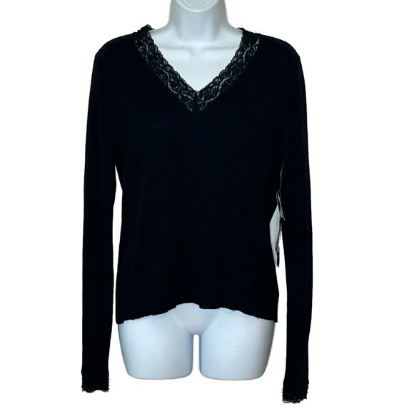 Lauren Ralph Lauren V Neck Sweater Size LP Black Lace Beads Silk Cashmere - Picture 1 of 7
